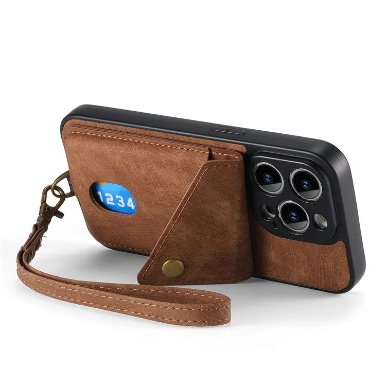 D1 For iPhone 14 Pro Card Holder Case Retro PU+TPU Phone Cover with Kickstand