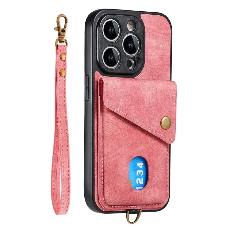D1 For iPhone 14 Pro Card Holder Case Retro PU+TPU Phone Cover with Kickstand