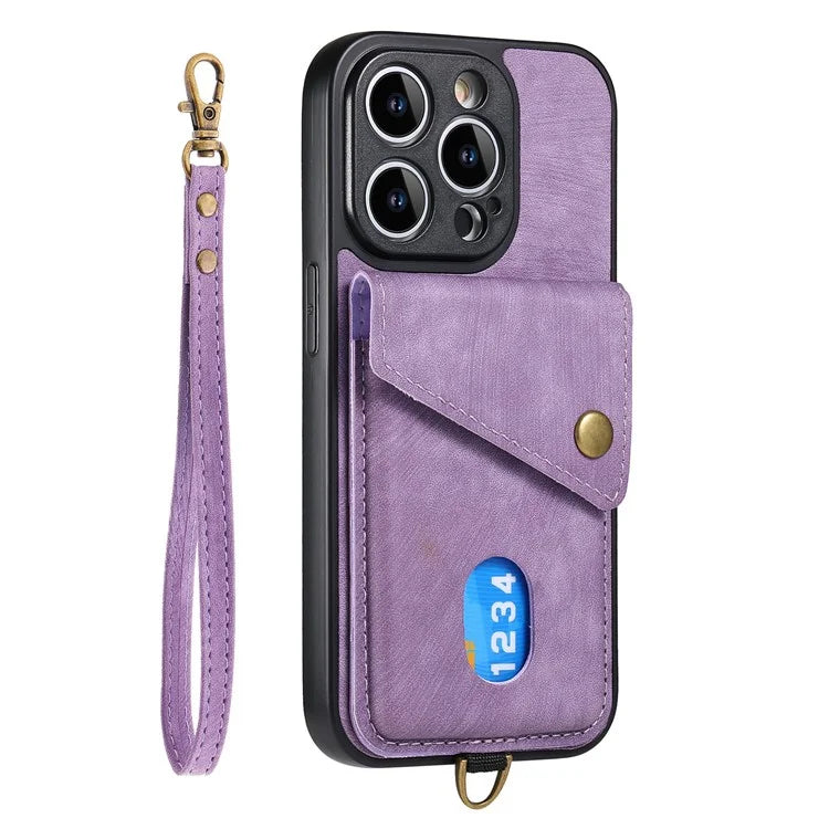 D1 For iPhone 14 Pro Card Holder Case Retro PU+TPU Phone Cover with Kickstand