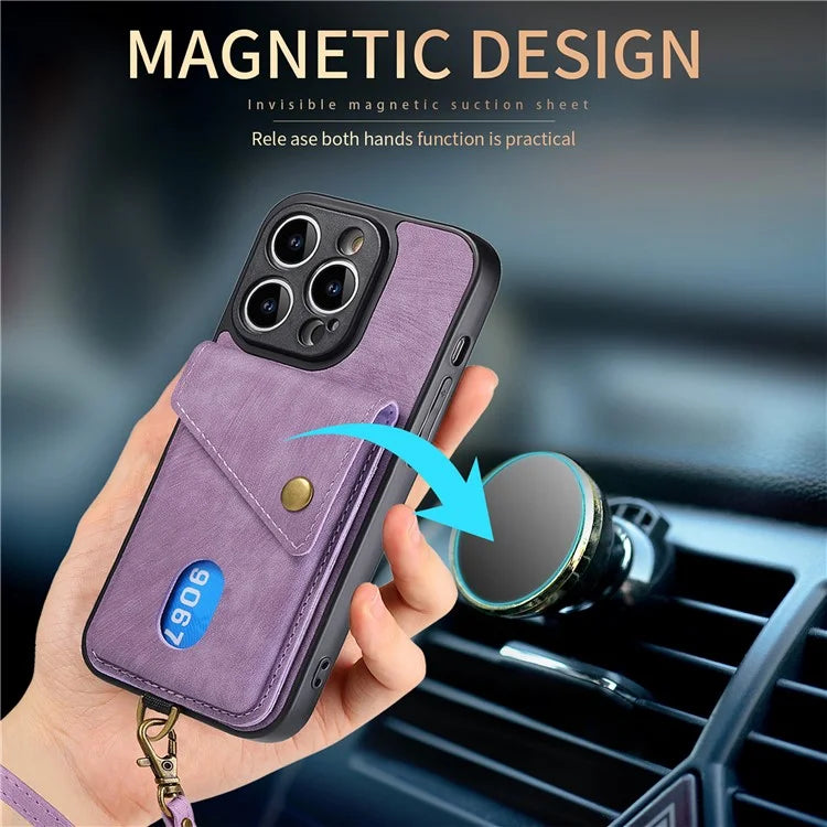 D1 For iPhone 14 Pro Card Holder Case Retro PU+TPU Phone Cover with Kickstand