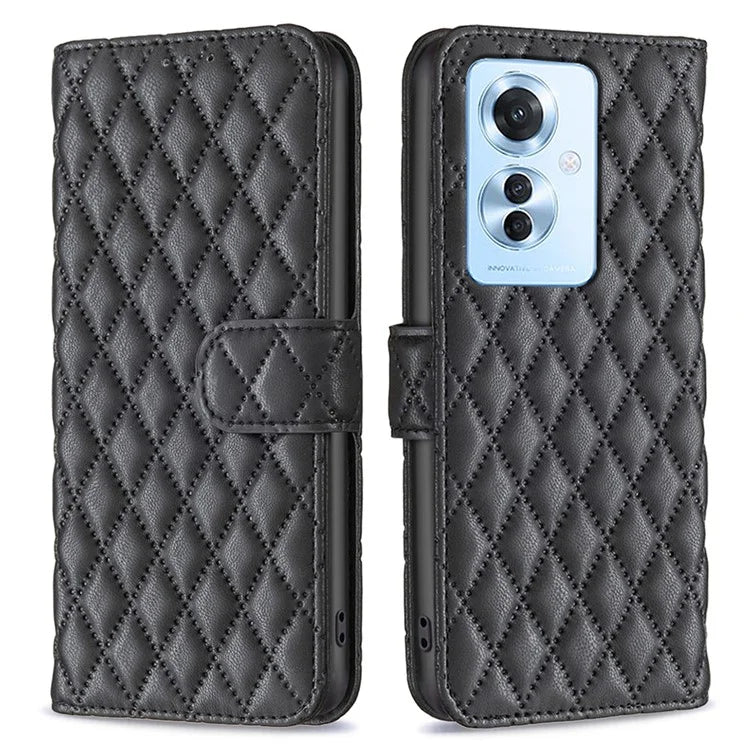 BINFEN COLOR BF Style-14 For Oppo Reno11 F 5G Phone Cover PU Leather+TPU Rhombus Grid Case
