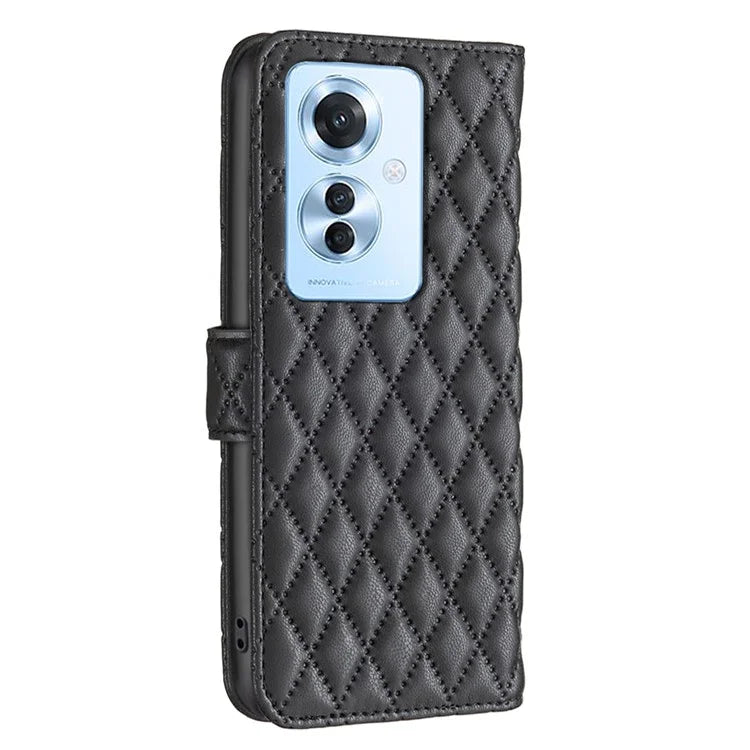 BINFEN COLOR BF Style-14 For Oppo Reno11 F 5G Phone Cover PU Leather+TPU Rhombus Grid Case