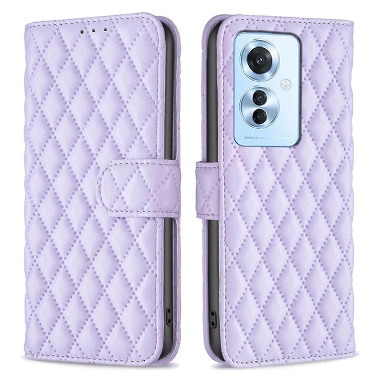 BINFEN COLOR BF Style-14 For Oppo Reno11 F 5G Phone Cover PU Leather+TPU Rhombus Grid Case