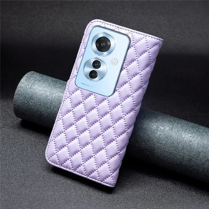 BINFEN COLOR BF Style-14 For Oppo Reno11 F 5G Phone Cover PU Leather+TPU Rhombus Grid Case