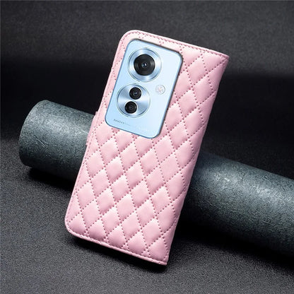 BINFEN COLOR BF Style-14 For Oppo Reno11 F 5G Phone Cover PU Leather+TPU Rhombus Grid Case