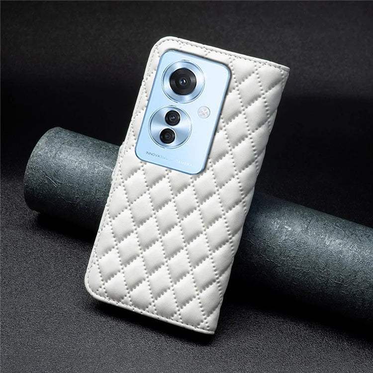 BINFEN COLOR BF Style-14 For Oppo Reno11 F 5G Phone Cover PU Leather+TPU Rhombus Grid Case