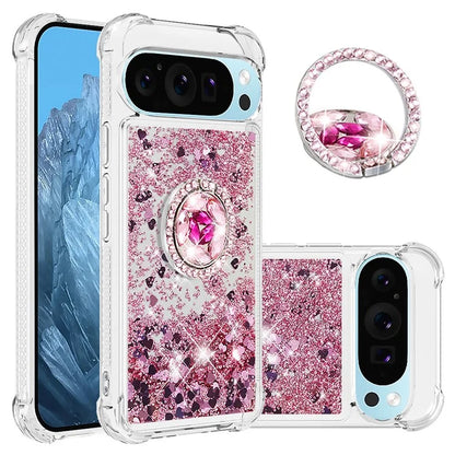 YB Quicksand Series-7 For Google Pixel 9 Pro Case Ring Kickstand Shiny Sequins TPU Cover