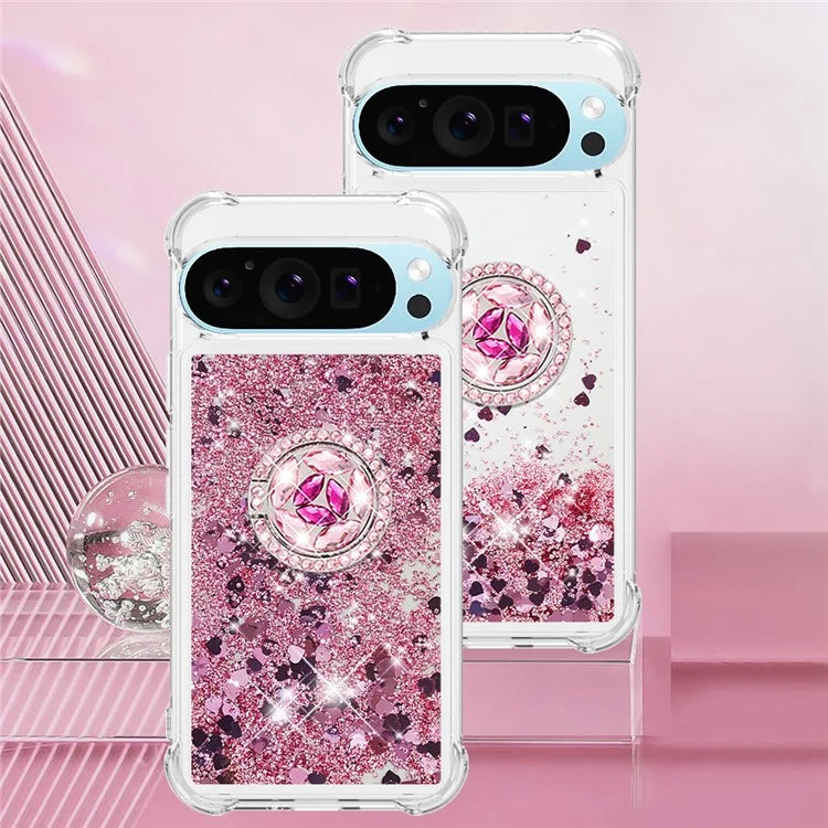 YB Quicksand Series-7 For Google Pixel 9 Pro Case Ring Kickstand Shiny Sequins TPU Cover