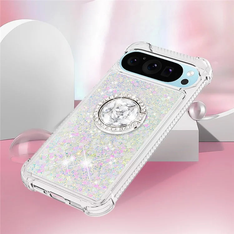 YB Quicksand Series-7 For Google Pixel 9 Pro Case Ring Kickstand Shiny Sequins TPU Cover