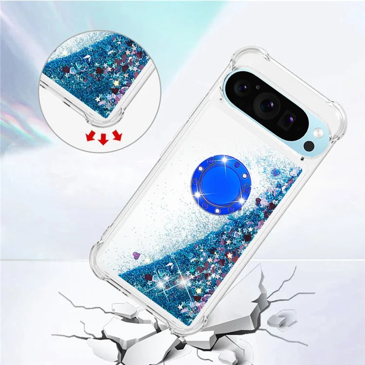 YB Quicksand Series-7 For Google Pixel 9 Pro Case Ring Kickstand Shiny Sequins TPU Cover