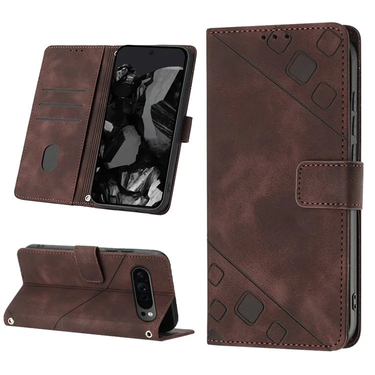 PT005 YB Imprinting Series-6 For Google Pixel 9 Pro Leather Case Wallet Card Slots Phone Cover