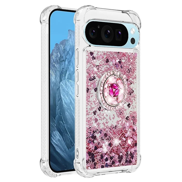 YB Quicksand Series-7 For Google Pixel 9 Case Floating Sequins TPU Cover with Ring Kickstand