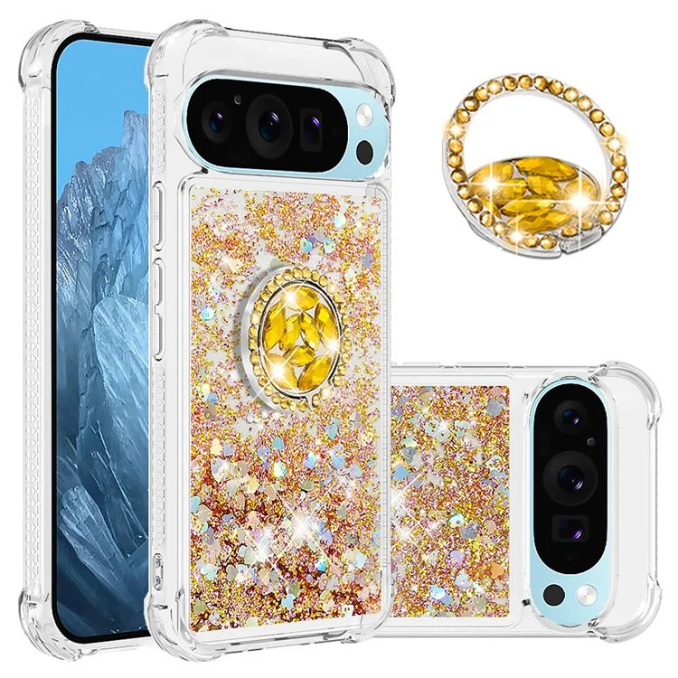 YB Quicksand Series-7 For Google Pixel 9 Case Floating Sequins TPU Cover with Ring Kickstand