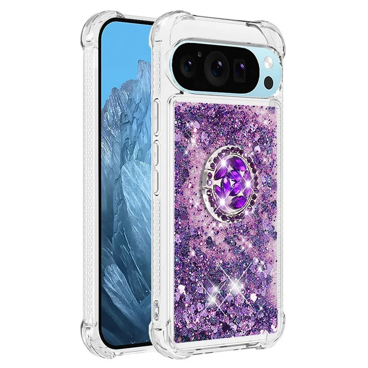 YB Quicksand Series-7 For Google Pixel 9 Case Floating Sequins TPU Cover with Ring Kickstand