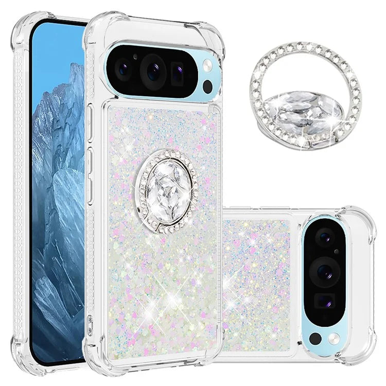 YB Quicksand Series-7 For Google Pixel 9 Case Floating Sequins TPU Cover with Ring Kickstand