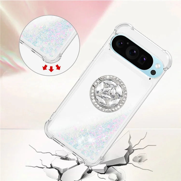 YB Quicksand Series-7 For Google Pixel 9 Case Floating Sequins TPU Cover with Ring Kickstand
