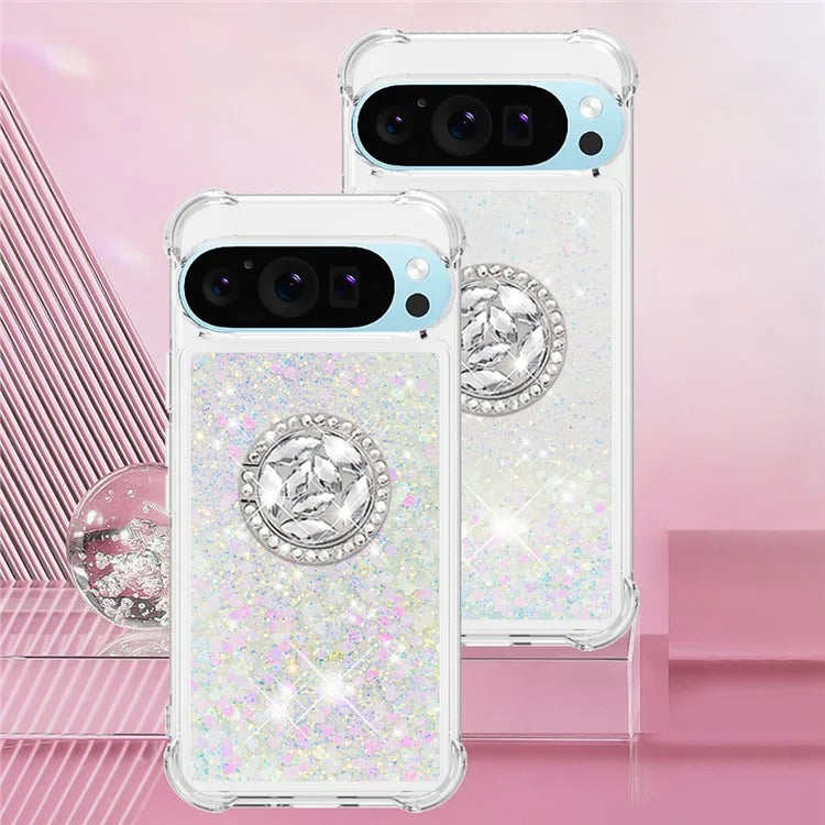 YB Quicksand Series-7 For Google Pixel 9 Case Floating Sequins TPU Cover with Ring Kickstand