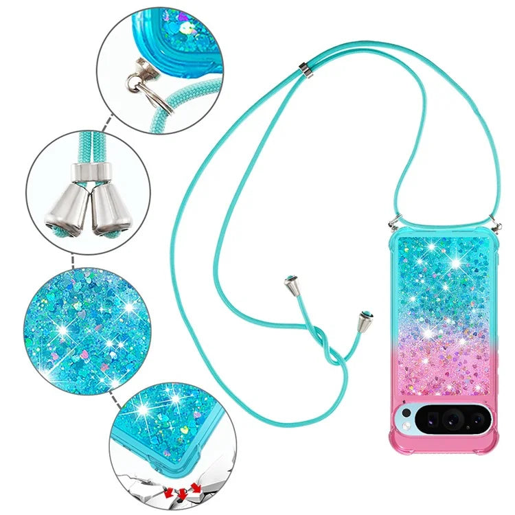 YB Quicksand Series-6 for Google Pixel 9 Case Gradient Sequin TPU Phone Cover with Lanyard