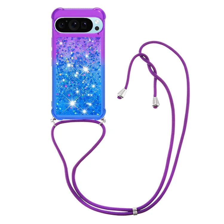 YB Quicksand Series-6 for Google Pixel 9 Case Gradient Sequin TPU Phone Cover with Lanyard