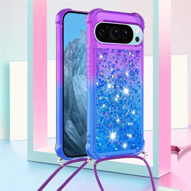 YB Quicksand Series-6 for Google Pixel 9 Case Gradient Sequin TPU Phone Cover with Lanyard