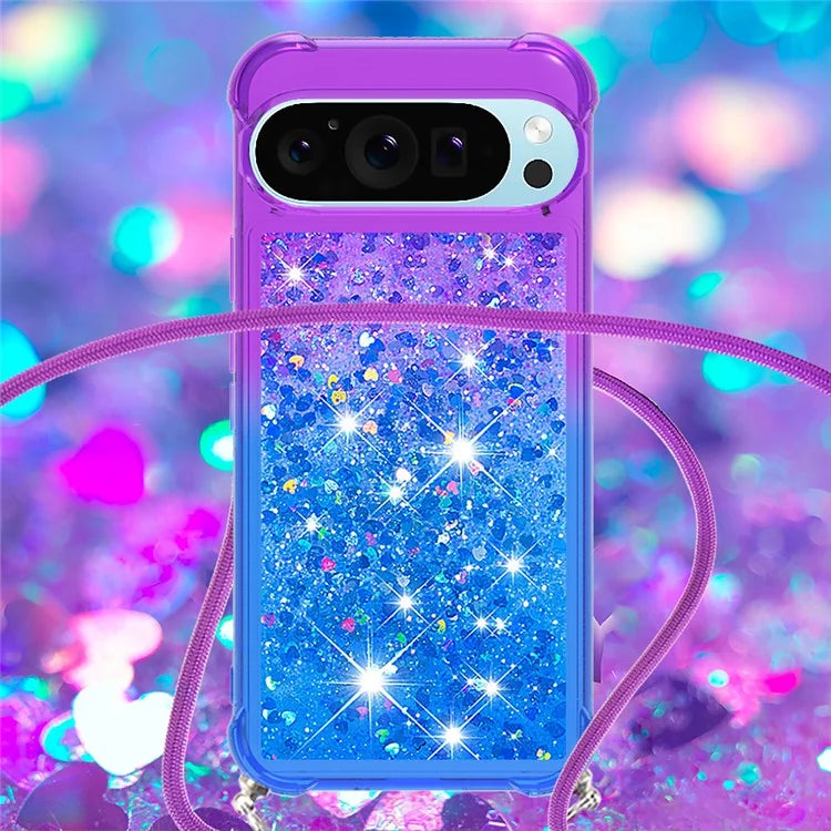 YB Quicksand Series-6 for Google Pixel 9 Case Gradient Sequin TPU Phone Cover with Lanyard