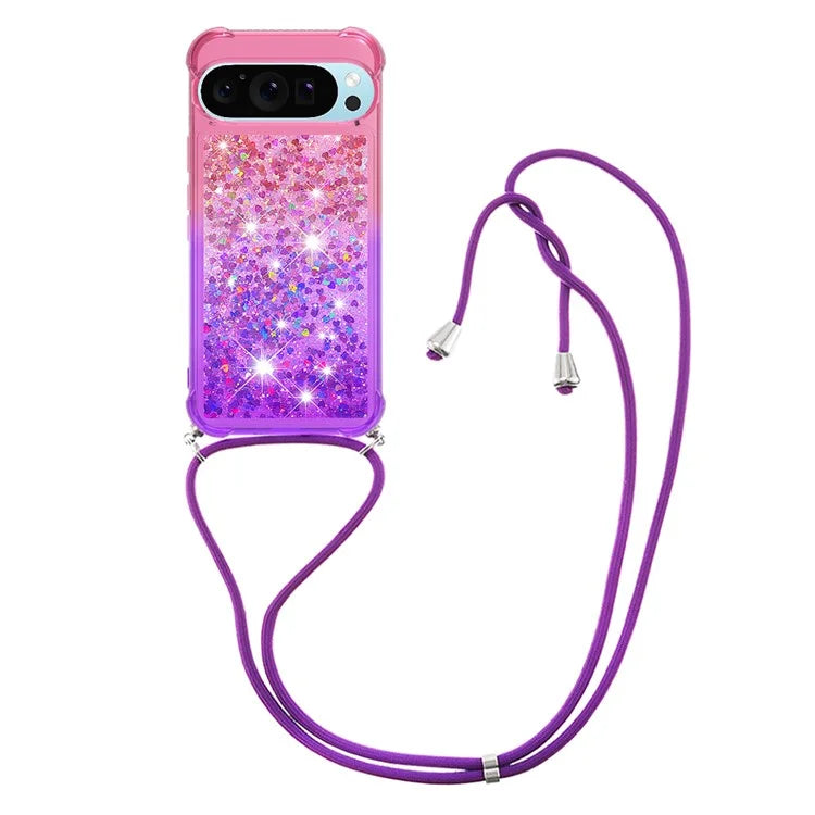 YB Quicksand Series-6 for Google Pixel 9 Case Gradient Sequin TPU Phone Cover with Lanyard