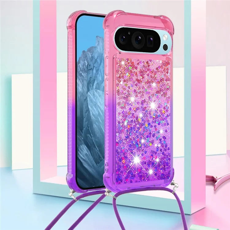 YB Quicksand Series-6 for Google Pixel 9 Case Gradient Sequin TPU Phone Cover with Lanyard