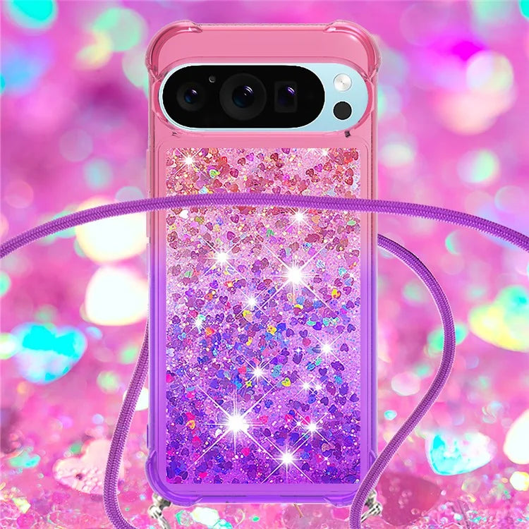 YB Quicksand Series-6 for Google Pixel 9 Case Gradient Sequin TPU Phone Cover with Lanyard