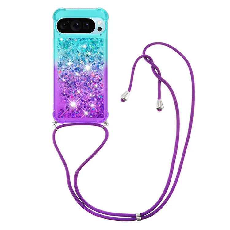 YB Quicksand Series-6 for Google Pixel 9 Case Gradient Sequin TPU Phone Cover with Lanyard