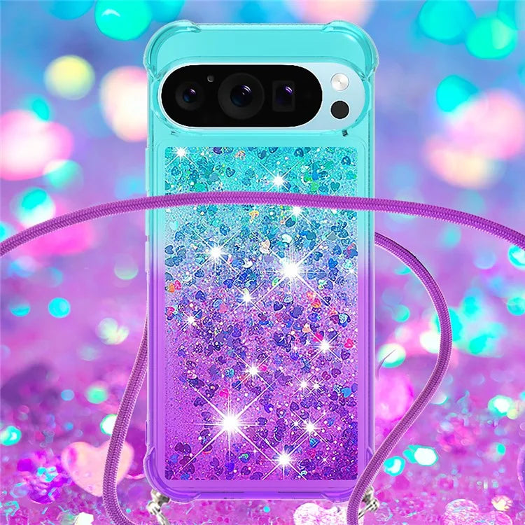 YB Quicksand Series-6 for Google Pixel 9 Case Gradient Sequin TPU Phone Cover with Lanyard