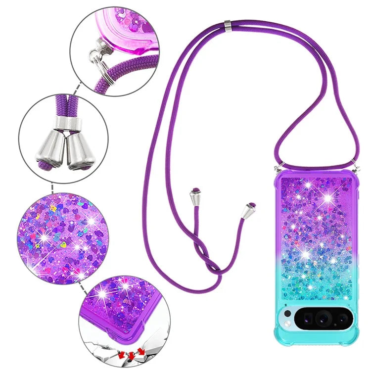 YB Quicksand Series-6 for Google Pixel 9 Case Gradient Sequin TPU Phone Cover with Lanyard