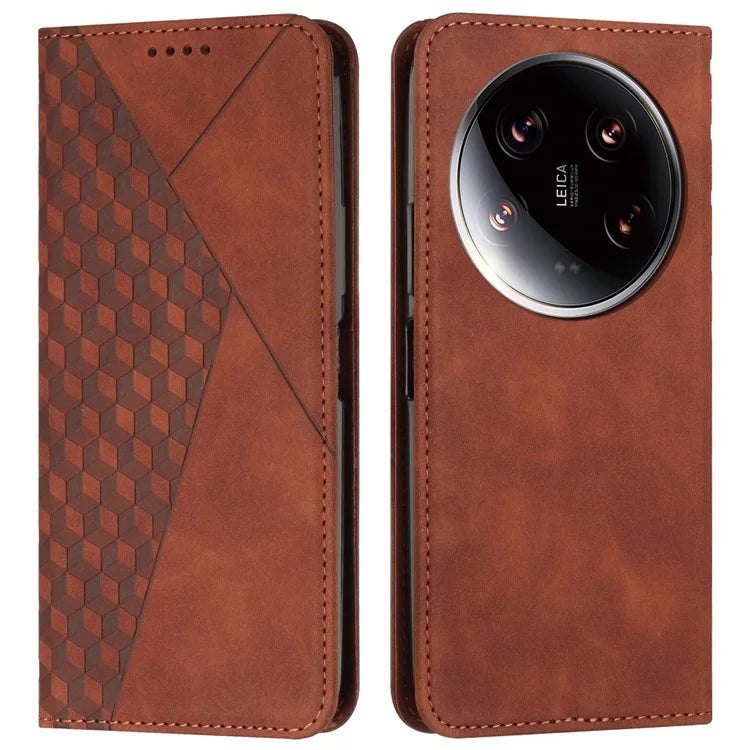 For Xiaomi 14 Ultra Case Magnetic Closure PU Leather Rhombus Phone Cover