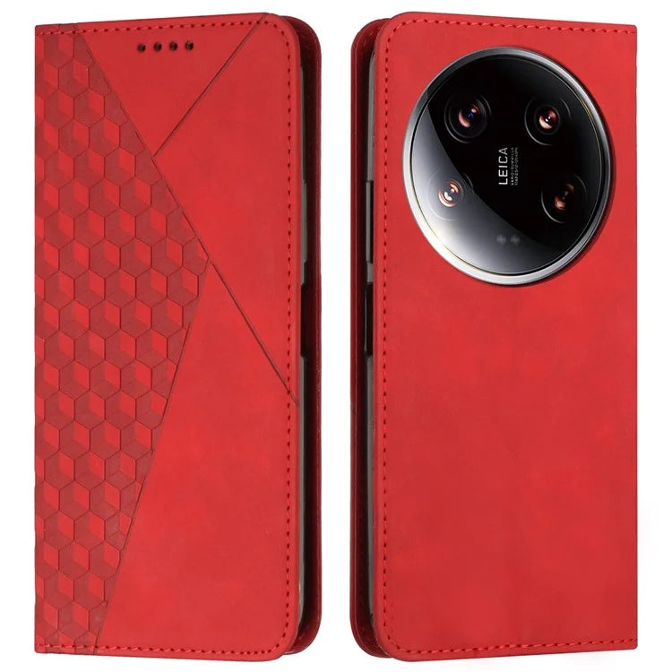 For Xiaomi 14 Ultra Case Magnetic Closure PU Leather Rhombus Phone Cover