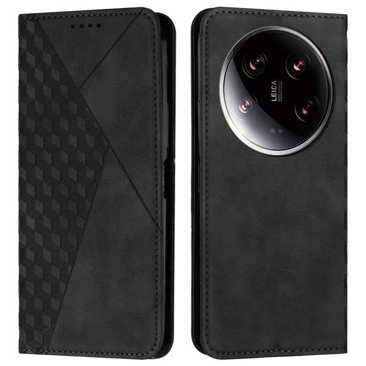 For Xiaomi 14 Ultra Case Magnetic Closure PU Leather Rhombus Phone Cover