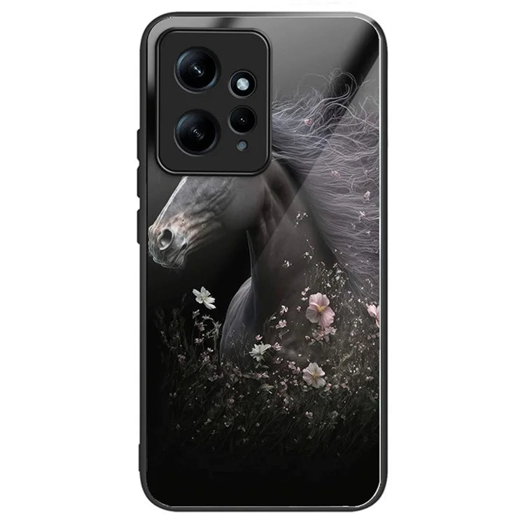 For Xiaomi Redmi Note 12 4G Painted Pattern Case Tempered Glass+PC Back Soft TPU Phone Cover and Flower
