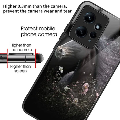 For Xiaomi Redmi Note 12 4G Painted Pattern Case Tempered Glass+PC Back Soft TPU Phone Cover and Flower