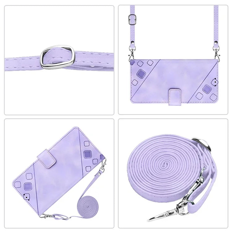 PT005 YB Imprinting Series-7 for Motorola Moto G34 5G Case PU Leather Skin-Feel Phone Cover with Necklace Strap