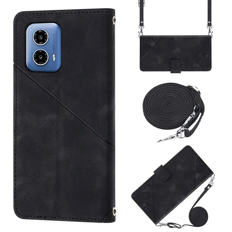 PT005 YB Imprinting Series-7 for Motorola Moto G34 5G Case PU Leather Skin-Feel Phone Cover with Necklace Strap
