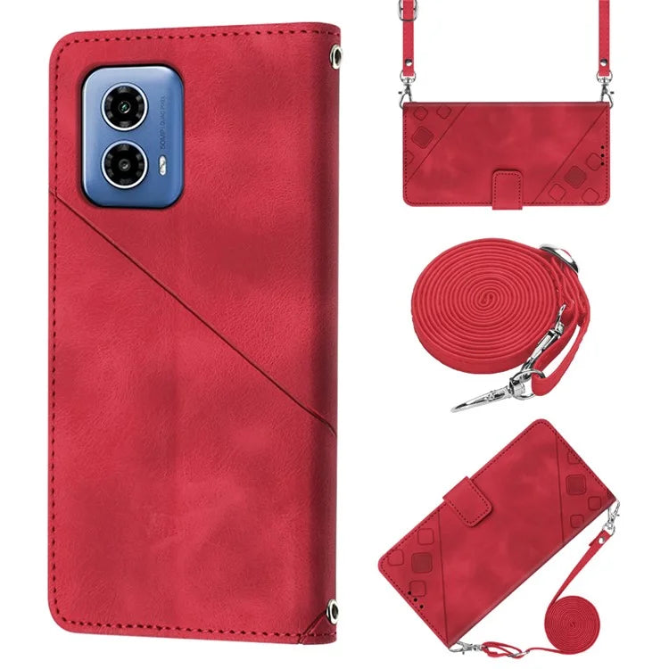 PT005 YB Imprinting Series-7 for Motorola Moto G34 5G Case PU Leather Skin-Feel Phone Cover with Necklace Strap