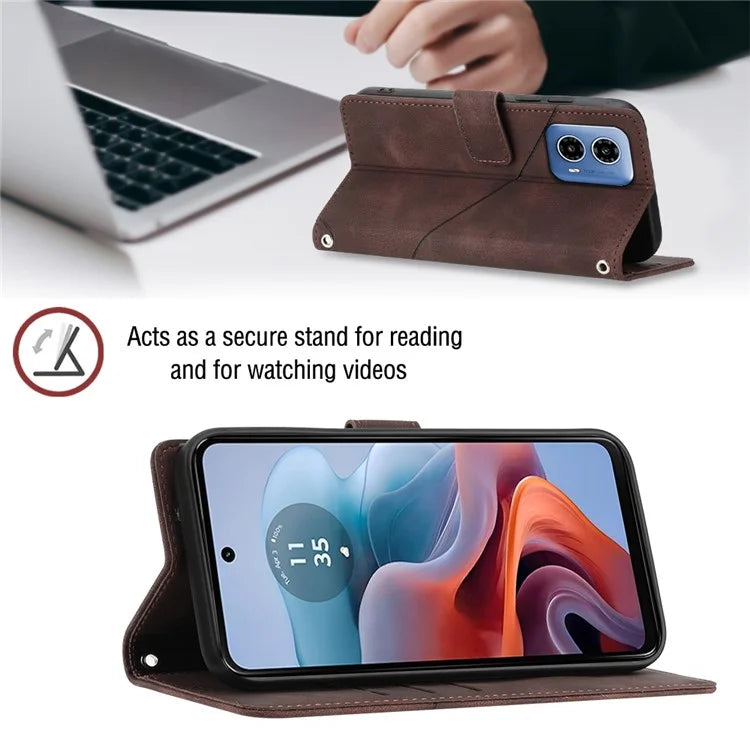 PT005 YB Imprinting Series-7 for Motorola Moto G34 5G Case PU Leather Skin-Feel Phone Cover with Necklace Strap