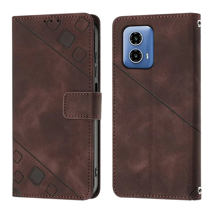 PT005 YB Imprinting Series-7 for Motorola Moto G34 5G Case PU Leather Skin-Feel Phone Cover with Necklace Strap