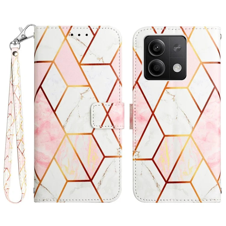 YB Pattern Printing Leather Series-5 For Xiaomi Redmi Note 13 5G Case Marble Phone Wallet Cover with Strap