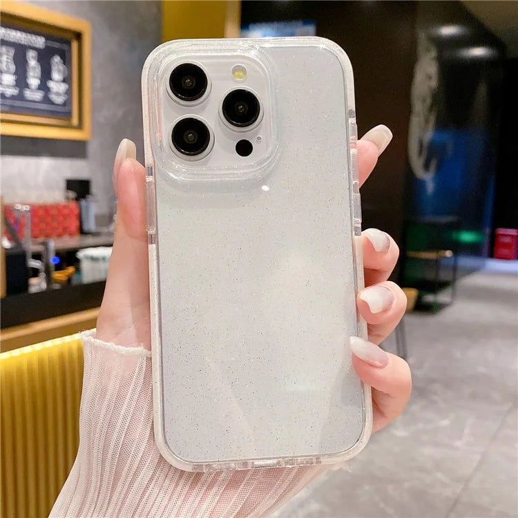 For iPhone 15 Pro Max Cear Case Glitter Powder PC+TPU Drop Protection Protective Shell