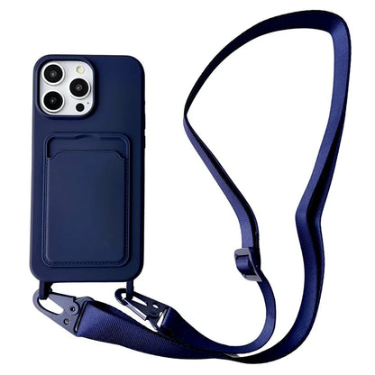 For iPhone 14 Pro Cell Phone Case Liquid Silicone Card Holder Shell with Adjustable Neck Strap