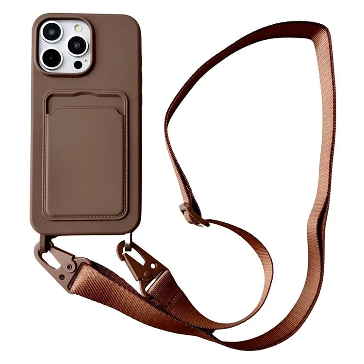 For iPhone 14 Pro Cell Phone Case Liquid Silicone Card Holder Shell with Adjustable Neck Strap