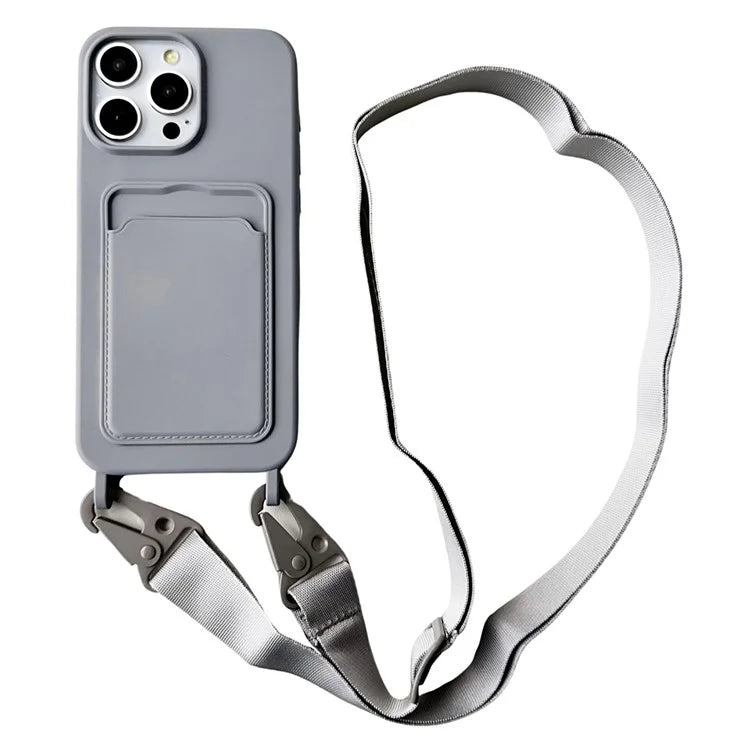 For iPhone 14 Pro Cell Phone Case Liquid Silicone Card Holder Shell with Adjustable Neck Strap