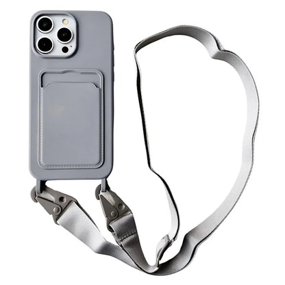For iPhone 14 Pro Cell Phone Case Liquid Silicone Card Holder Shell with Adjustable Neck Strap