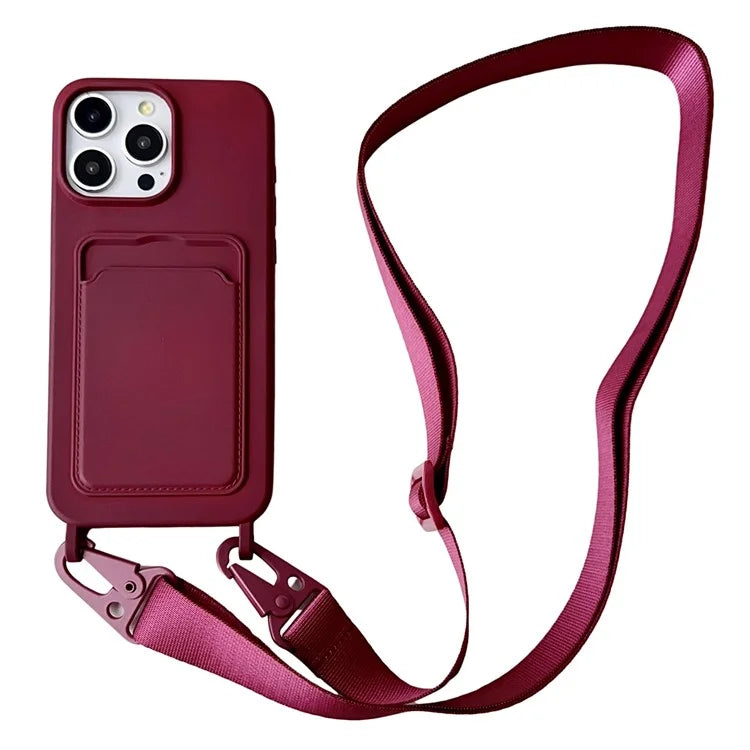 For iPhone 14 Pro Cell Phone Case Liquid Silicone Card Holder Shell with Adjustable Neck Strap