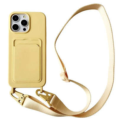 For iPhone 14 Pro Cell Phone Case Liquid Silicone Card Holder Shell with Adjustable Neck Strap
