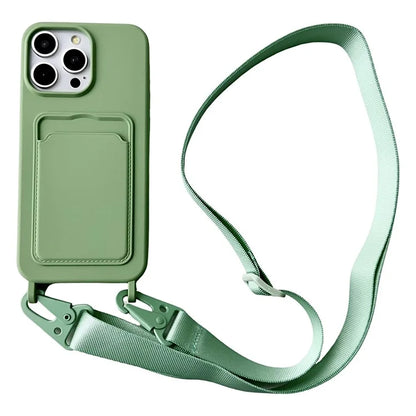 For iPhone 14 Pro Cell Phone Case Liquid Silicone Card Holder Shell with Adjustable Neck Strap